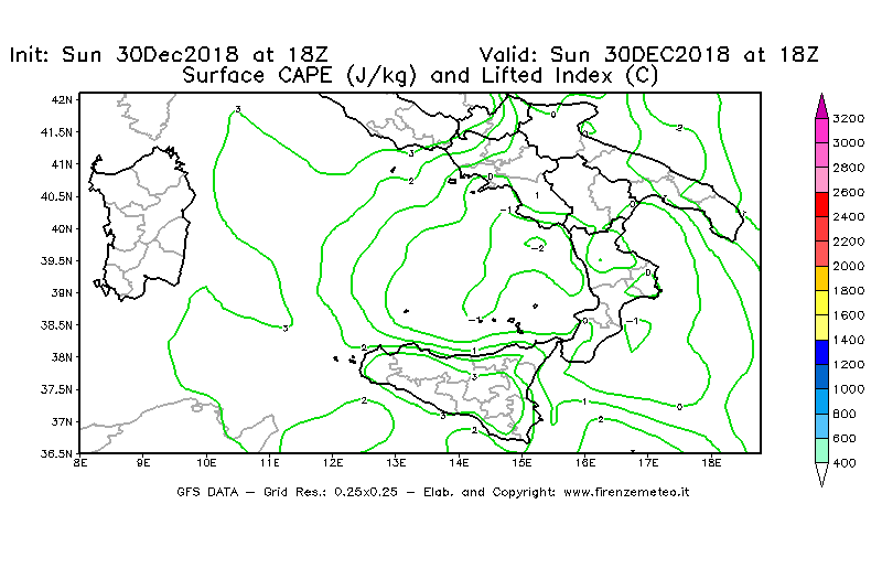 Mappa di analisi GFS - CAPE [J/kg] e Lifted Index [°C] in Sud-Italia
							del 30/12/2018 18 <!--googleoff: index-->UTC<!--googleon: index-->