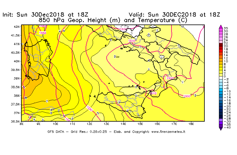 Mappa di analisi GFS - Geopotenziale [m] e Temperatura [°C] a 850 hPa in Sud-Italia
							del 30/12/2018 18 <!--googleoff: index-->UTC<!--googleon: index-->