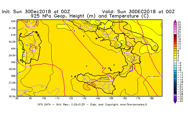 Mappa di analisi GFS - Geopotenziale [m] e Temperatura [°C] a 925 hPa in Sud-Italia
							del 30/12/2018 00 <!--googleoff: index-->UTC<!--googleon: index-->