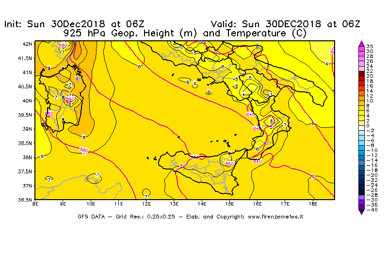 Mappa di analisi GFS - Geopotenziale [m] e Temperatura [°C] a 925 hPa in Sud-Italia
							del 30/12/2018 06 <!--googleoff: index-->UTC<!--googleon: index-->