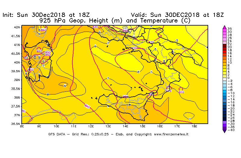 Mappa di analisi GFS - Geopotenziale [m] e Temperatura [°C] a 925 hPa in Sud-Italia
							del 30/12/2018 18 <!--googleoff: index-->UTC<!--googleon: index-->