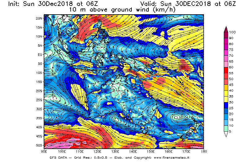 Mappa di analisi GFS - Velocità del vento a 10 metri dal suolo [km/h] in Oceania
							del 30/12/2018 06 <!--googleoff: index-->UTC<!--googleon: index-->