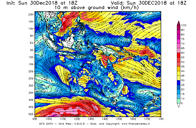 Mappa di analisi GFS - Velocità del vento a 10 metri dal suolo [km/h] in Oceania
							del 30/12/2018 18 <!--googleoff: index-->UTC<!--googleon: index-->