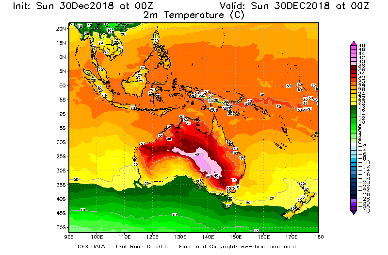 Mappa di analisi GFS - Temperatura a 2 metri dal suolo [°C] in Oceania
							del 30/12/2018 00 <!--googleoff: index-->UTC<!--googleon: index-->