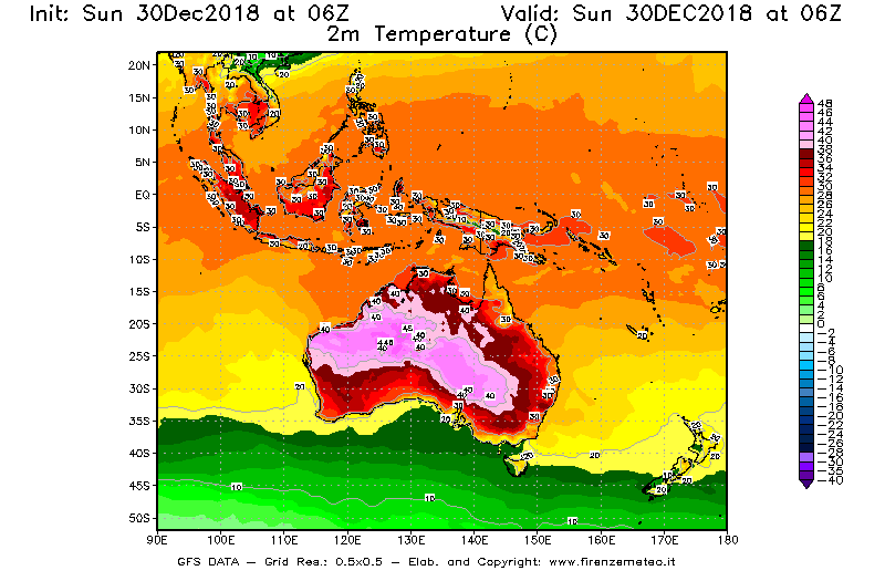 Mappa di analisi GFS - Temperatura a 2 metri dal suolo [°C] in Oceania
							del 30/12/2018 06 <!--googleoff: index-->UTC<!--googleon: index-->
