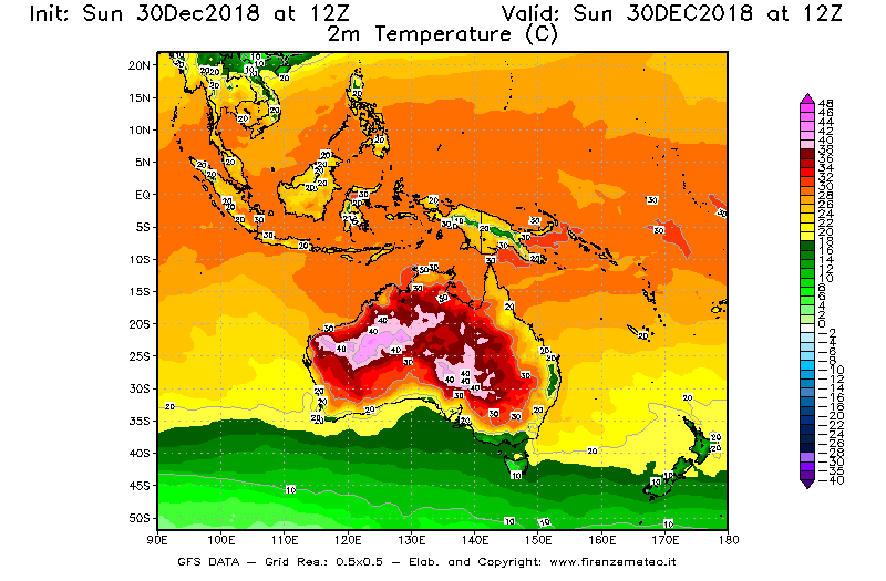 Mappa di analisi GFS - Temperatura a 2 metri dal suolo [°C] in Oceania
							del 30/12/2018 12 <!--googleoff: index-->UTC<!--googleon: index-->
