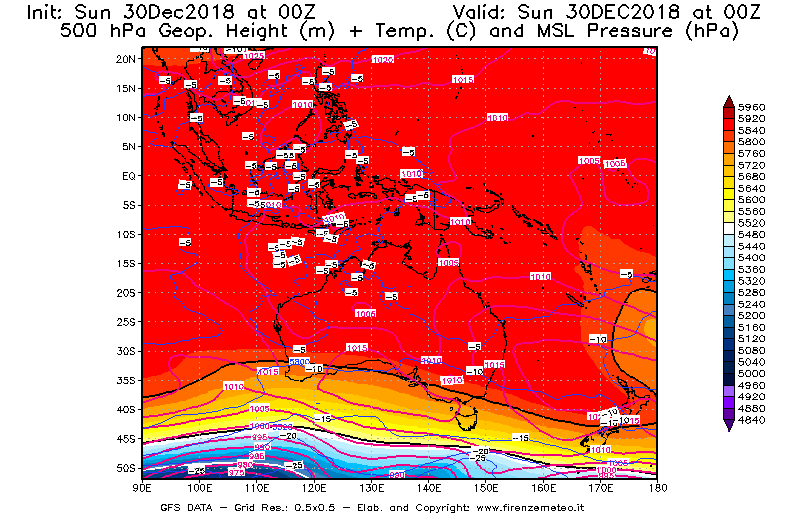 Mappa di analisi GFS - Geopotenziale [m] + Temp. [°C] a 500 hPa + Press. a livello del mare [hPa] in Oceania
							del 30/12/2018 00 <!--googleoff: index-->UTC<!--googleon: index-->