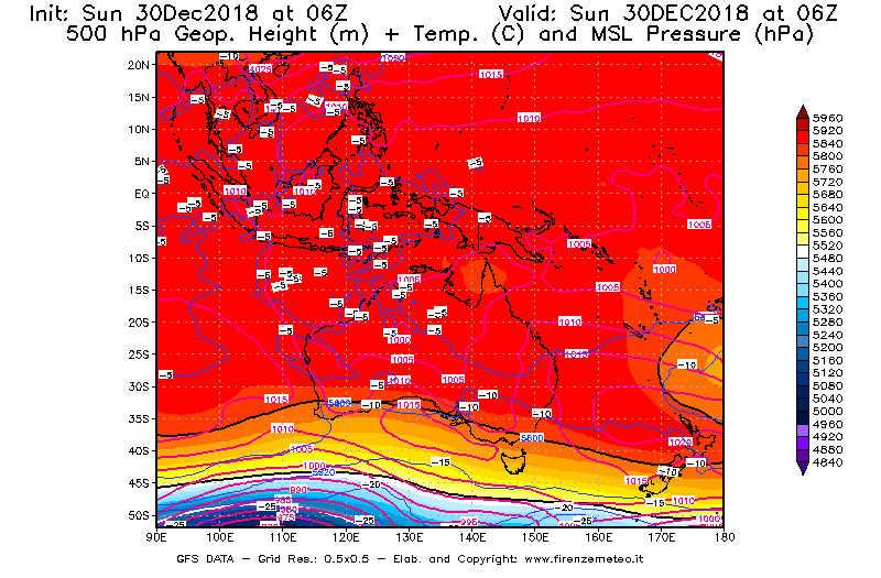 Mappa di analisi GFS - Geopotenziale [m] + Temp. [°C] a 500 hPa + Press. a livello del mare [hPa] in Oceania
							del 30/12/2018 06 <!--googleoff: index-->UTC<!--googleon: index-->