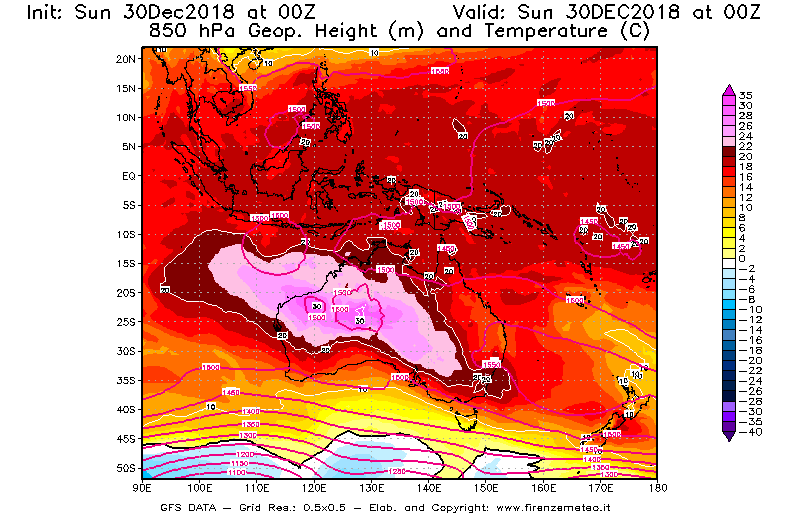 Mappa di analisi GFS - Geopotenziale [m] e Temperatura [°C] a 850 hPa in Oceania
							del 30/12/2018 00 <!--googleoff: index-->UTC<!--googleon: index-->