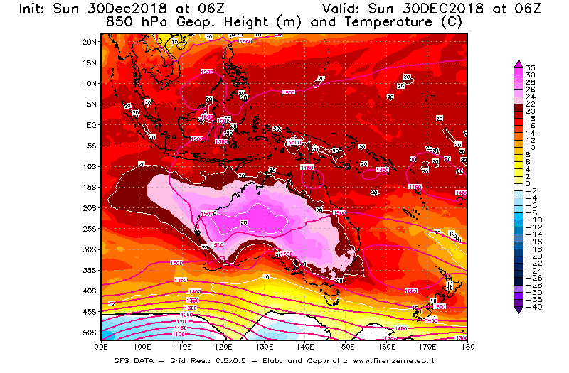 Mappa di analisi GFS - Geopotenziale [m] e Temperatura [°C] a 850 hPa in Oceania
							del 30/12/2018 06 <!--googleoff: index-->UTC<!--googleon: index-->