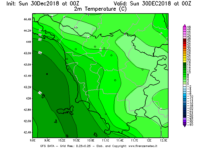 Mappa di analisi GFS - Temperatura a 2 metri dal suolo [°C] in Toscana
							del 30/12/2018 00 <!--googleoff: index-->UTC<!--googleon: index-->