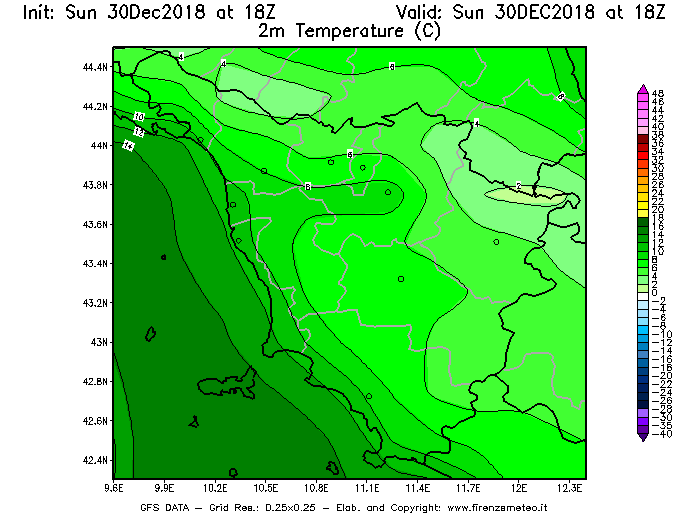 Mappa di analisi GFS - Temperatura a 2 metri dal suolo [°C] in Toscana
							del 30/12/2018 18 <!--googleoff: index-->UTC<!--googleon: index-->