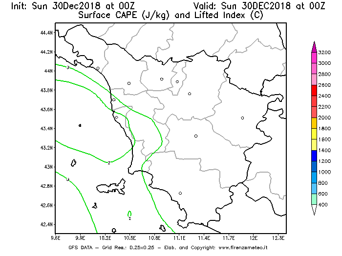 Mappa di analisi GFS - CAPE [J/kg] e Lifted Index [°C] in Toscana
							del 30/12/2018 00 <!--googleoff: index-->UTC<!--googleon: index-->