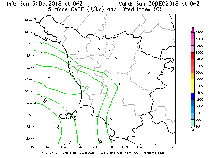 Mappa di analisi GFS - CAPE [J/kg] e Lifted Index [°C] in Toscana
							del 30/12/2018 06 <!--googleoff: index-->UTC<!--googleon: index-->