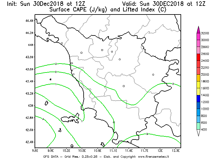 Mappa di analisi GFS - CAPE [J/kg] e Lifted Index [°C] in Toscana
							del 30/12/2018 12 <!--googleoff: index-->UTC<!--googleon: index-->