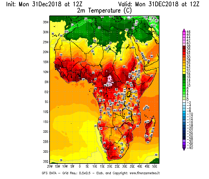 Mappa di analisi GFS - Temperatura a 2 metri dal suolo [°C] in Africa
							del 31/12/2018 12 <!--googleoff: index-->UTC<!--googleon: index-->