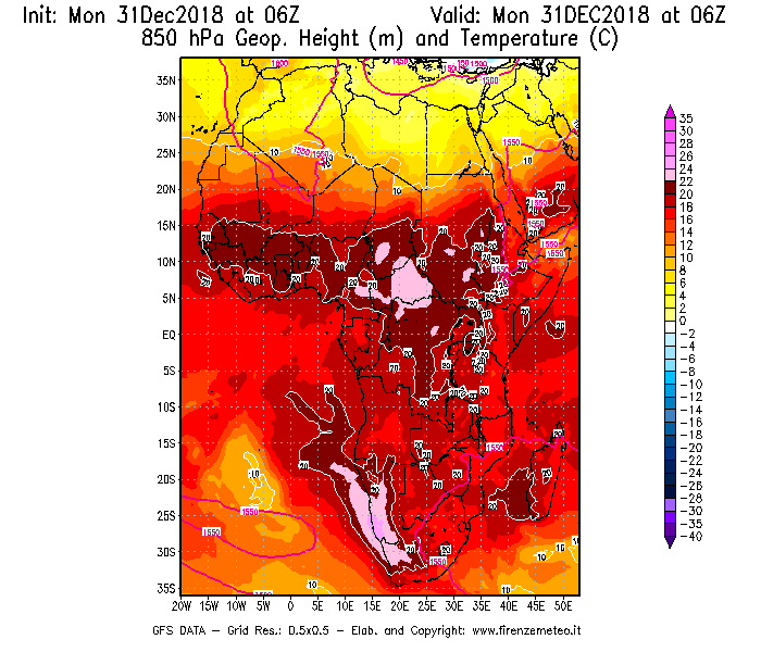 Mappa di analisi GFS - Geopotenziale [m] e Temperatura [°C] a 850 hPa in Africa
							del 31/12/2018 06 <!--googleoff: index-->UTC<!--googleon: index-->