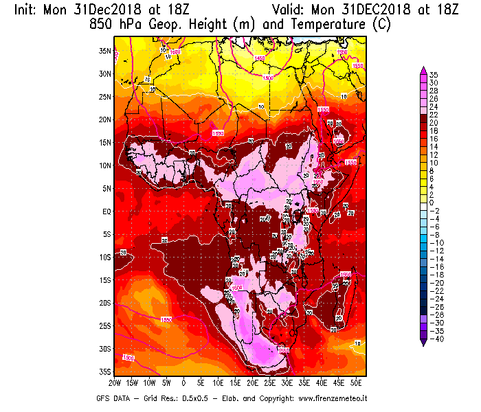 Mappa di analisi GFS - Geopotenziale [m] e Temperatura [°C] a 850 hPa in Africa
							del 31/12/2018 18 <!--googleoff: index-->UTC<!--googleon: index-->