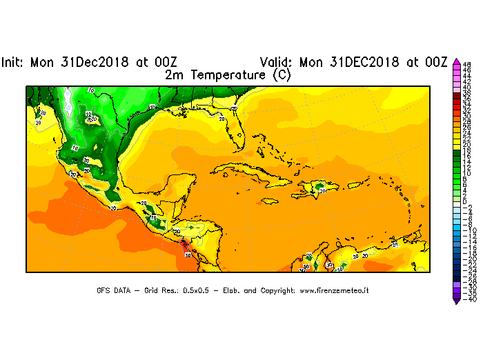 Mappa di analisi GFS - Temperatura a 2 metri dal suolo [°C] in Centro-America
							del 31/12/2018 00 <!--googleoff: index-->UTC<!--googleon: index-->