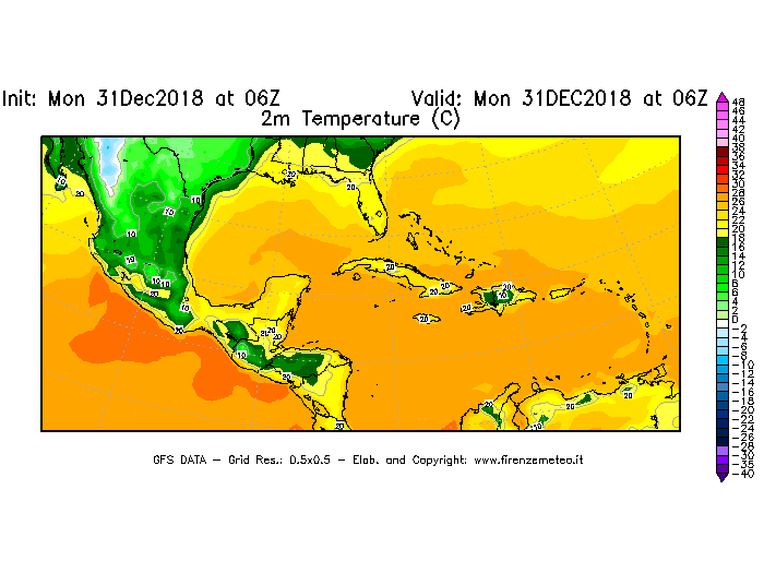 Mappa di analisi GFS - Temperatura a 2 metri dal suolo [°C] in Centro-America
							del 31/12/2018 06 <!--googleoff: index-->UTC<!--googleon: index-->