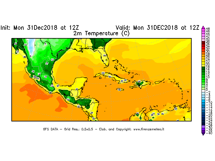 Mappa di analisi GFS - Temperatura a 2 metri dal suolo [°C] in Centro-America
							del 31/12/2018 12 <!--googleoff: index-->UTC<!--googleon: index-->