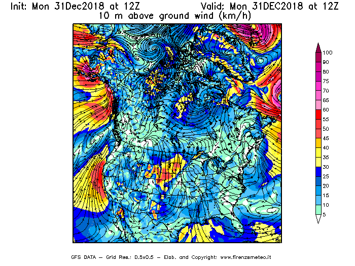 Mappa di analisi GFS - Velocità del vento a 10 metri dal suolo [km/h] in Nord-America
							del 31/12/2018 12 <!--googleoff: index-->UTC<!--googleon: index-->