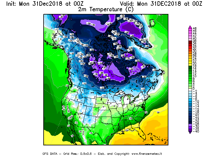 Mappa di analisi GFS - Temperatura a 2 metri dal suolo [°C] in Nord-America
							del 31/12/2018 00 <!--googleoff: index-->UTC<!--googleon: index-->