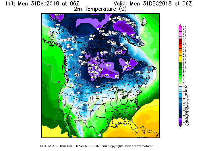 Mappa di analisi GFS - Temperatura a 2 metri dal suolo [°C] in Nord-America
							del 31/12/2018 06 <!--googleoff: index-->UTC<!--googleon: index-->