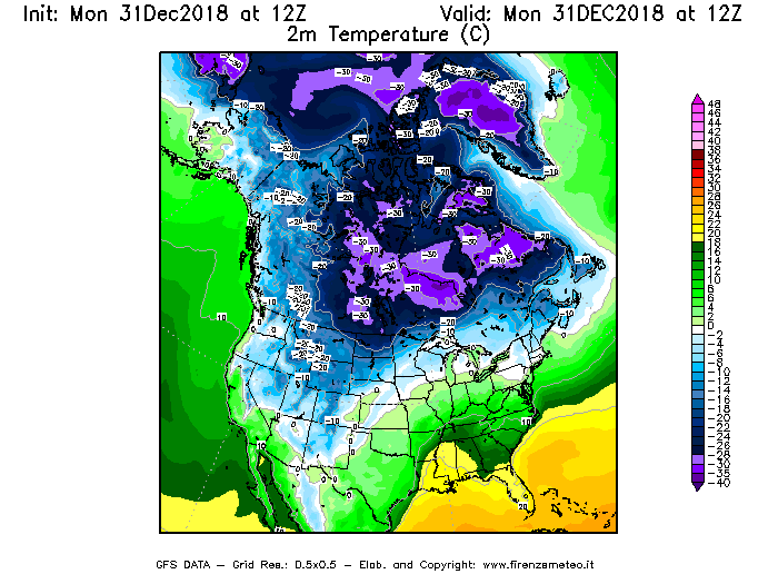Mappa di analisi GFS - Temperatura a 2 metri dal suolo [°C] in Nord-America
							del 31/12/2018 12 <!--googleoff: index-->UTC<!--googleon: index-->