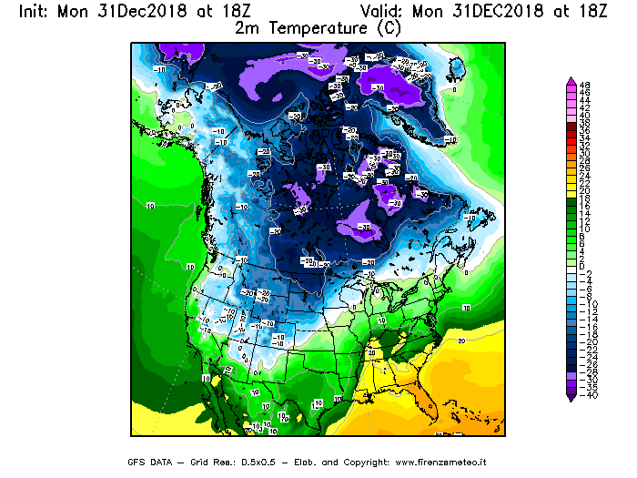 Mappa di analisi GFS - Temperatura a 2 metri dal suolo [°C] in Nord-America
							del 31/12/2018 18 <!--googleoff: index-->UTC<!--googleon: index-->