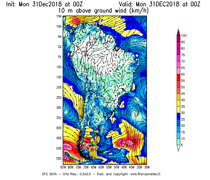 Mappa di analisi GFS - Velocità del vento a 10 metri dal suolo [km/h] in Sud-America
							del 31/12/2018 00 <!--googleoff: index-->UTC<!--googleon: index-->