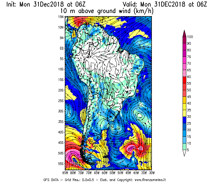 Mappa di analisi GFS - Velocità del vento a 10 metri dal suolo [km/h] in Sud-America
							del 31/12/2018 06 <!--googleoff: index-->UTC<!--googleon: index-->