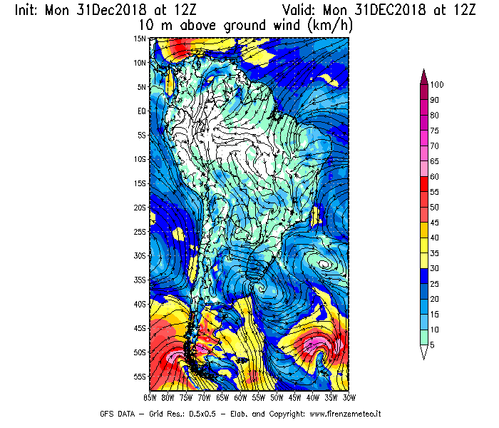 Mappa di analisi GFS - Velocità del vento a 10 metri dal suolo [km/h] in Sud-America
							del 31/12/2018 12 <!--googleoff: index-->UTC<!--googleon: index-->