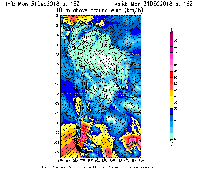 Mappa di analisi GFS - Velocità del vento a 10 metri dal suolo [km/h] in Sud-America
							del 31/12/2018 18 <!--googleoff: index-->UTC<!--googleon: index-->
