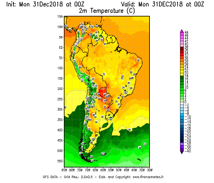 Mappa di analisi GFS - Temperatura a 2 metri dal suolo [°C] in Sud-America
							del 31/12/2018 00 <!--googleoff: index-->UTC<!--googleon: index-->