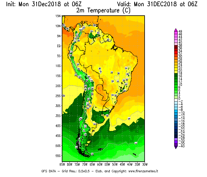 Mappa di analisi GFS - Temperatura a 2 metri dal suolo [°C] in Sud-America
							del 31/12/2018 06 <!--googleoff: index-->UTC<!--googleon: index-->