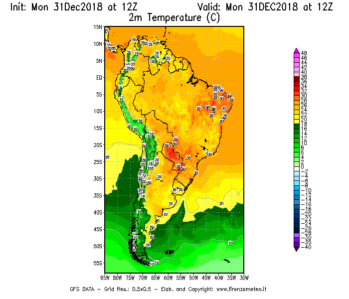 Mappa di analisi GFS - Temperatura a 2 metri dal suolo [°C] in Sud-America
							del 31/12/2018 12 <!--googleoff: index-->UTC<!--googleon: index-->