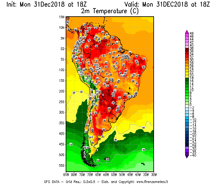 Mappa di analisi GFS - Temperatura a 2 metri dal suolo [°C] in Sud-America
							del 31/12/2018 18 <!--googleoff: index-->UTC<!--googleon: index-->