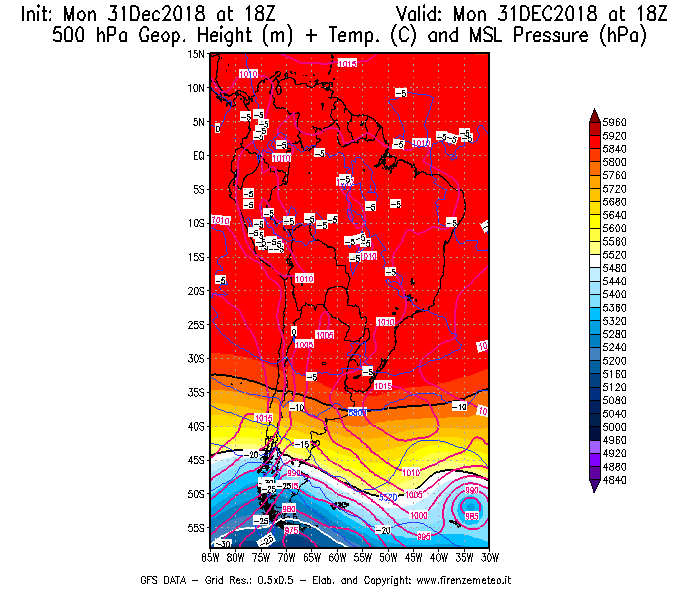 Mappa di analisi GFS - Geopotenziale [m] + Temp. [°C] a 500 hPa + Press. a livello del mare [hPa] in Sud-America
							del 31/12/2018 18 <!--googleoff: index-->UTC<!--googleon: index-->