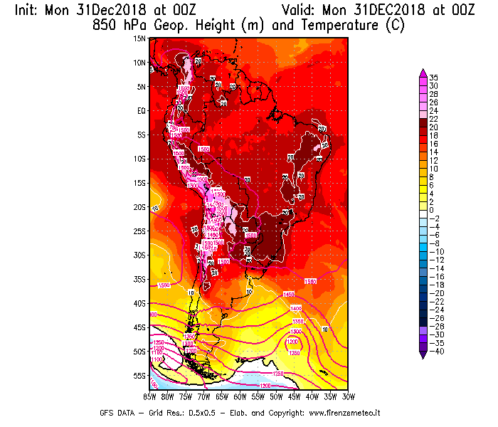 Mappa di analisi GFS - Geopotenziale [m] e Temperatura [°C] a 850 hPa in Sud-America
							del 31/12/2018 00 <!--googleoff: index-->UTC<!--googleon: index-->
