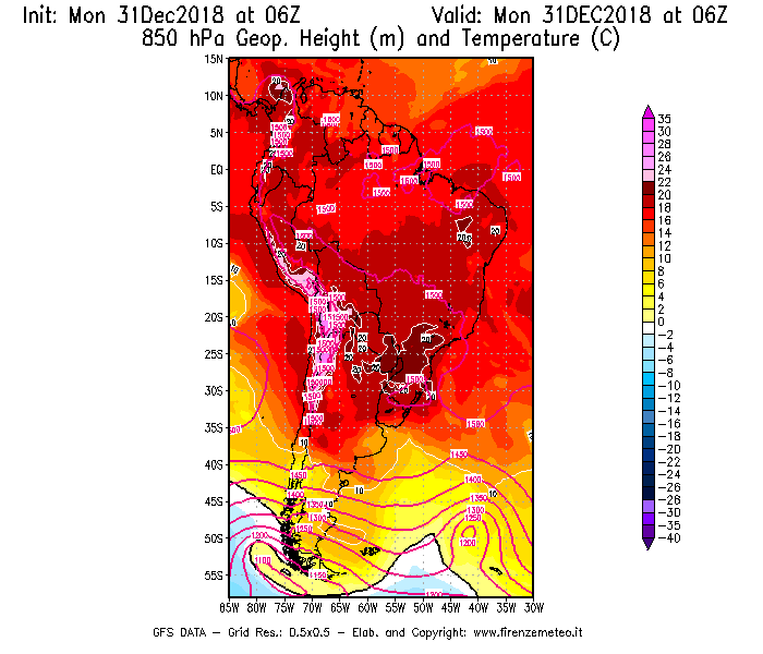 Mappa di analisi GFS - Geopotenziale [m] e Temperatura [°C] a 850 hPa in Sud-America
							del 31/12/2018 06 <!--googleoff: index-->UTC<!--googleon: index-->