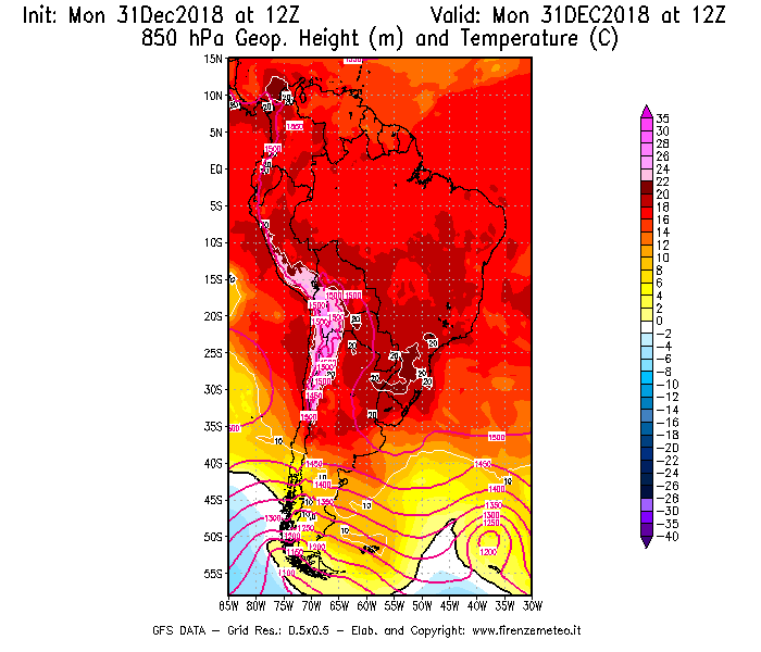 Mappa di analisi GFS - Geopotenziale [m] e Temperatura [°C] a 850 hPa in Sud-America
							del 31/12/2018 12 <!--googleoff: index-->UTC<!--googleon: index-->