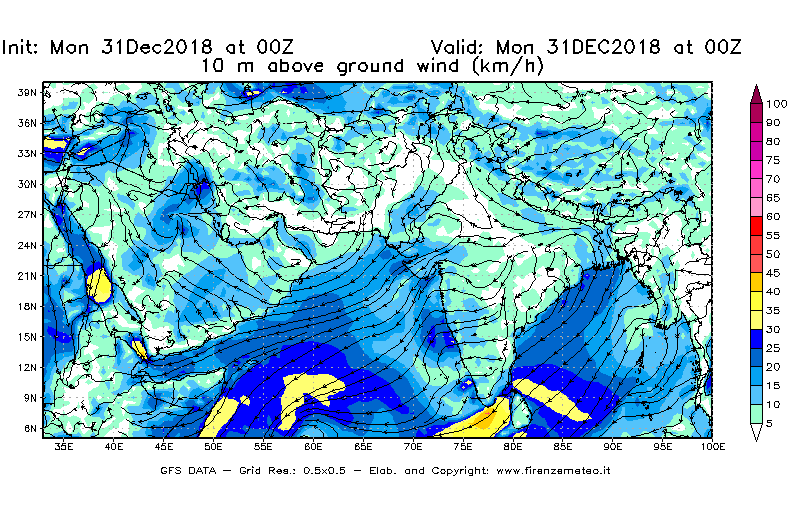 Mappa di analisi GFS - Velocità del vento a 10 metri dal suolo [km/h] in Asia Sud-Occidentale
							del 31/12/2018 00 <!--googleoff: index-->UTC<!--googleon: index-->