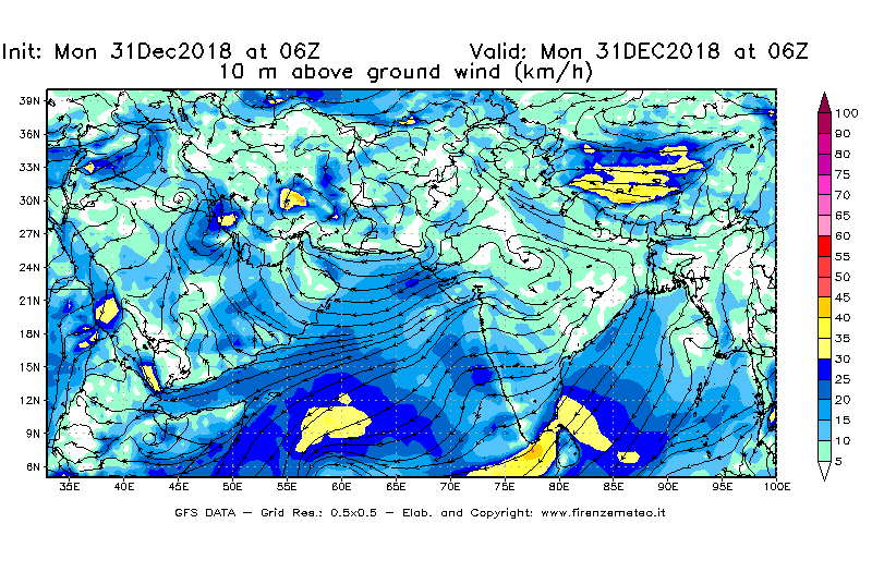 Mappa di analisi GFS - Velocità del vento a 10 metri dal suolo [km/h] in Asia Sud-Occidentale
							del 31/12/2018 06 <!--googleoff: index-->UTC<!--googleon: index-->