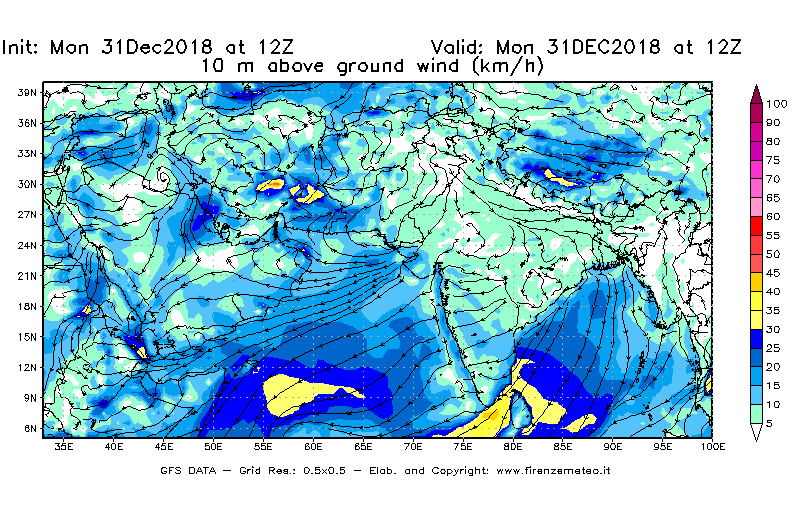 Mappa di analisi GFS - Velocità del vento a 10 metri dal suolo [km/h] in Asia Sud-Occidentale
							del 31/12/2018 12 <!--googleoff: index-->UTC<!--googleon: index-->