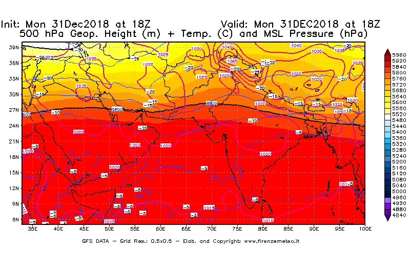 Mappa di analisi GFS - Geopotenziale [m] + Temp. [°C] a 500 hPa + Press. a livello del mare [hPa] in Asia Sud-Occidentale
							del 31/12/2018 18 <!--googleoff: index-->UTC<!--googleon: index-->