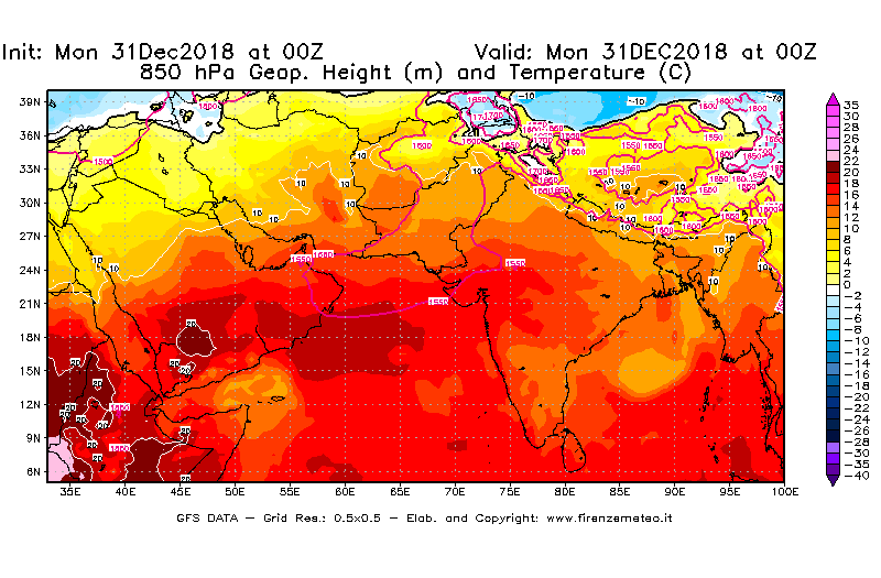 Mappa di analisi GFS - Geopotenziale [m] e Temperatura [°C] a 850 hPa in Asia Sud-Occidentale
							del 31/12/2018 00 <!--googleoff: index-->UTC<!--googleon: index-->
