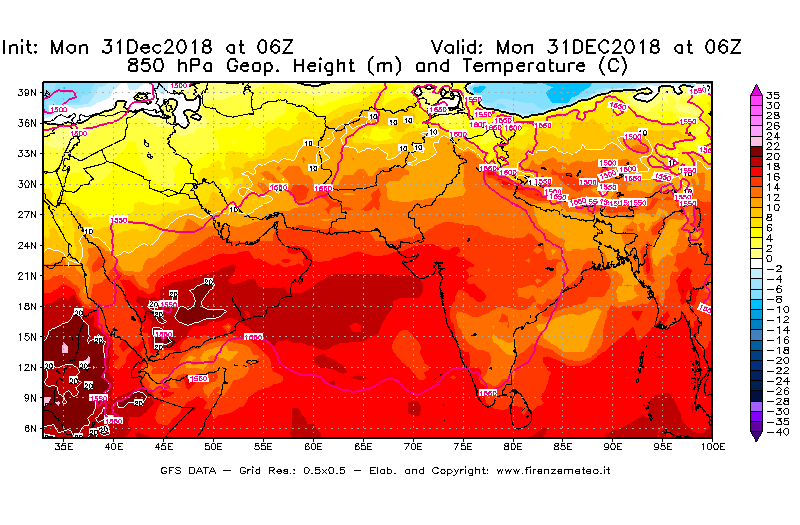 Mappa di analisi GFS - Geopotenziale [m] e Temperatura [°C] a 850 hPa in Asia Sud-Occidentale
							del 31/12/2018 06 <!--googleoff: index-->UTC<!--googleon: index-->