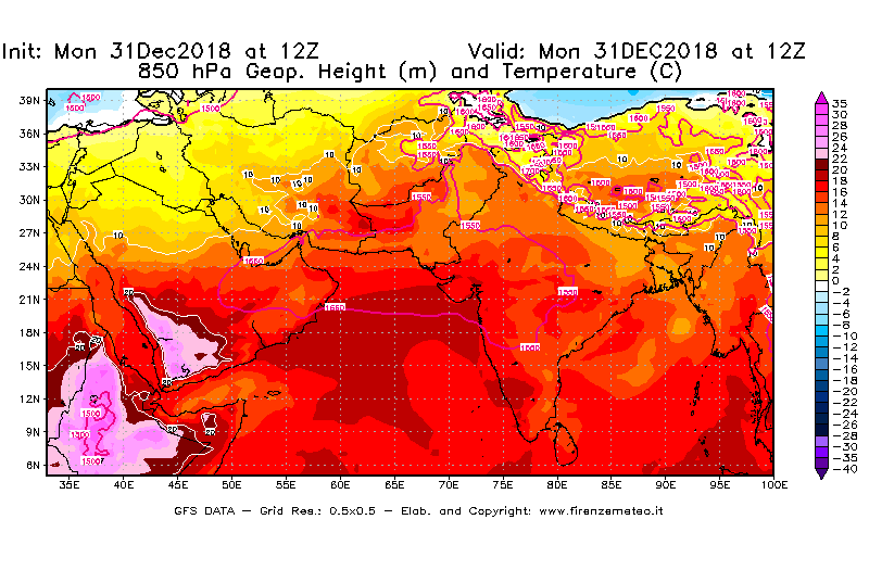 Mappa di analisi GFS - Geopotenziale [m] e Temperatura [°C] a 850 hPa in Asia Sud-Occidentale
							del 31/12/2018 12 <!--googleoff: index-->UTC<!--googleon: index-->
