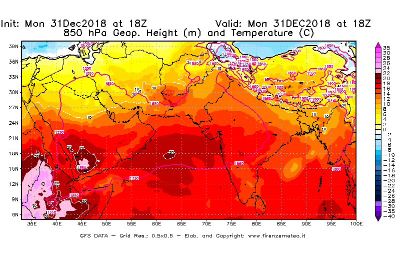 Mappa di analisi GFS - Geopotenziale [m] e Temperatura [°C] a 850 hPa in Asia Sud-Occidentale
							del 31/12/2018 18 <!--googleoff: index-->UTC<!--googleon: index-->